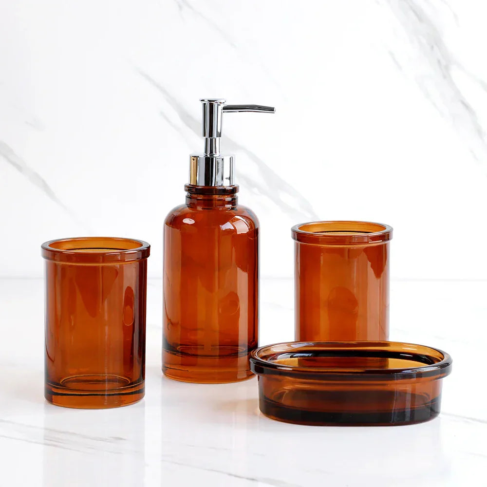 Floroux Glass Bathroom Set | 4 Pieces | Elegant Apothecary Design | Soap Dispenser, Toothbrush Holder and Accessories