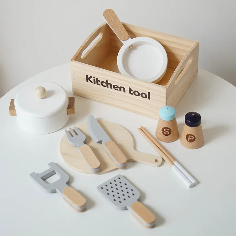 Ensemble de jeu de cuisine en bois pour enfants avec accessoires alimentaires à découper - Fruits, Légumes et jouets de boulangerie