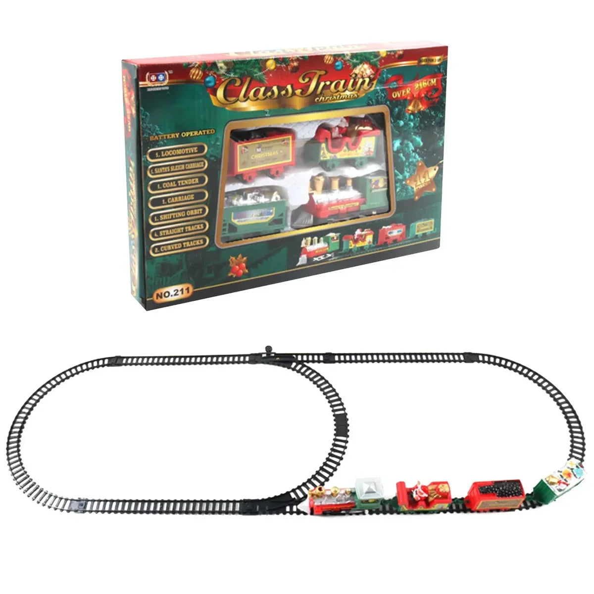 Ensemble de train électrique de Noël écologique - Piste pour enfants, cadeau de vacances sûr et décoration d'arbre avec thème de Noël 216 cm (85 pouces)