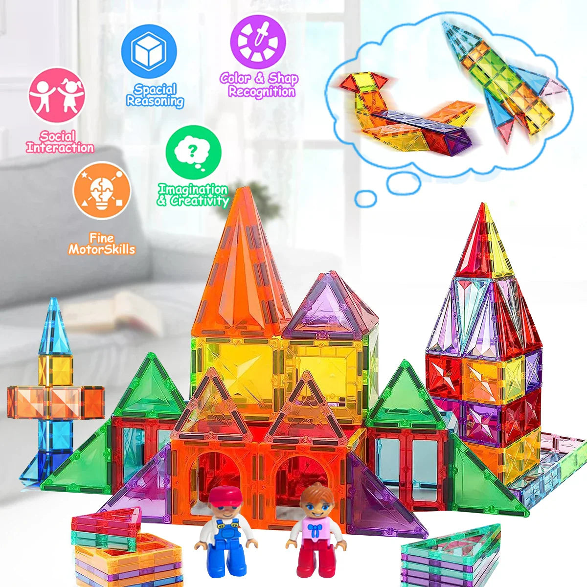 Ensemble de blocs de construction magnétiques - Tuiles magnétiques DIY éducatives pour enfants, jouet de construction inspiré de Montessori, cadeau parfait pour le jeu créatif