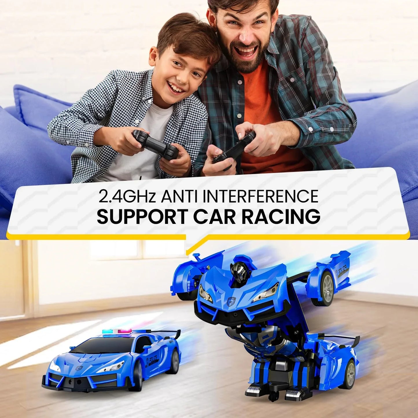 Voiture de police robot télécommandée à contrôle gestuel avec lumières LED - Jouet amusant pour enfants, transformation 2,4 GHz