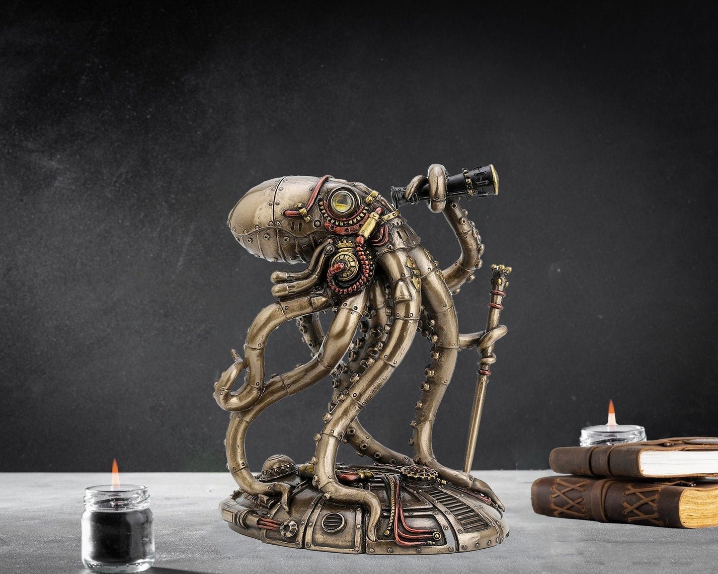 Statue d'octopus steampunk Floroux Explorer | Figure décorative rétro-futuriste | Look d'aventurier | Décoration intérieure
