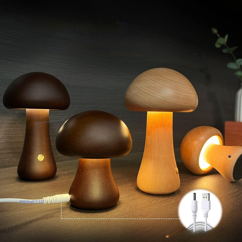 Floroux | Lampe de nuit en bois en forme de champignon LED avec interrupteur tactile | Éclairage atmosphérique | Convient aux enfants