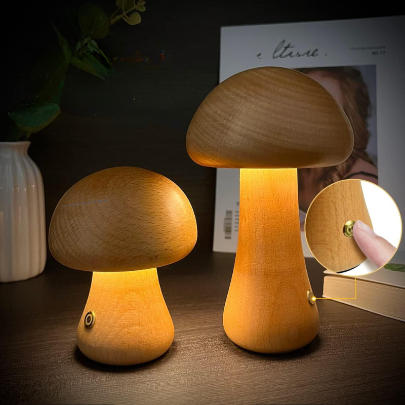 Floroux | Lampe de nuit en bois en forme de champignon LED avec interrupteur tactile | Éclairage atmosphérique | Convient aux enfants