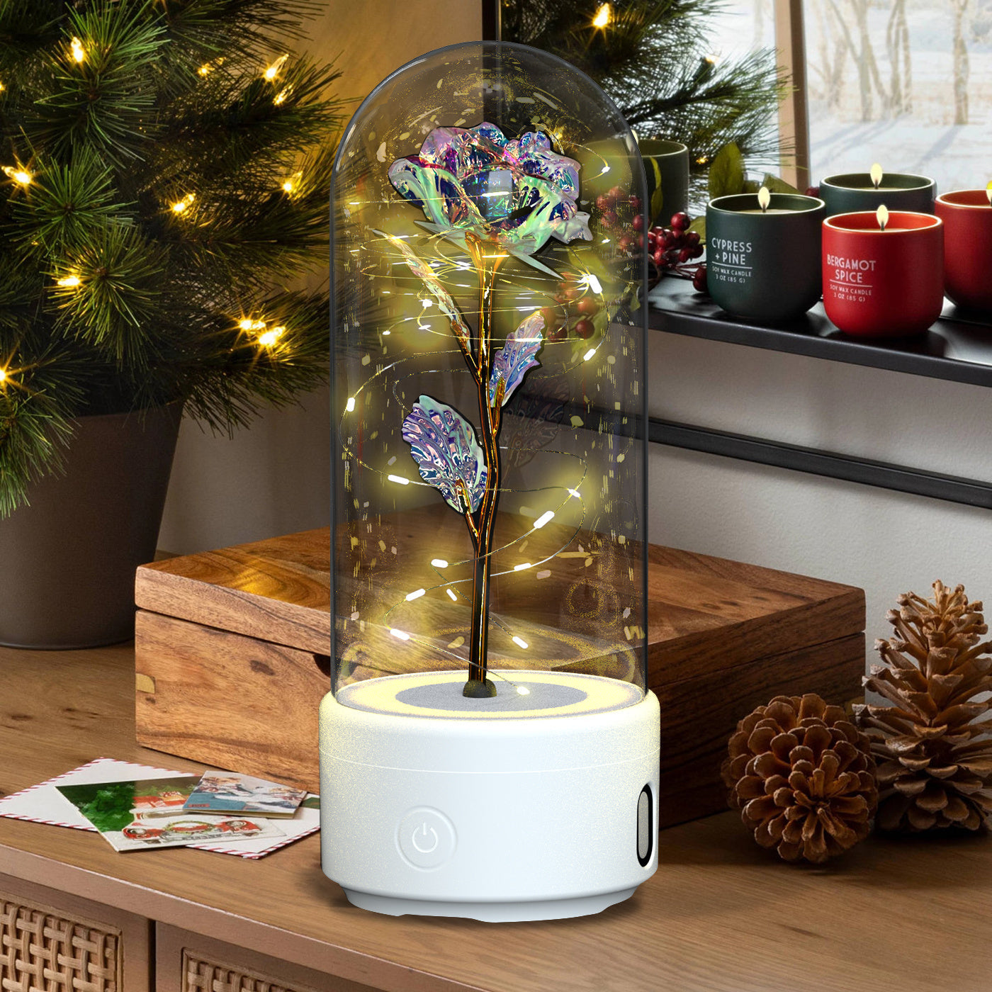 2-en-1 Rose Haut-parleur Verre Couverture Lampe - Base Blanche
