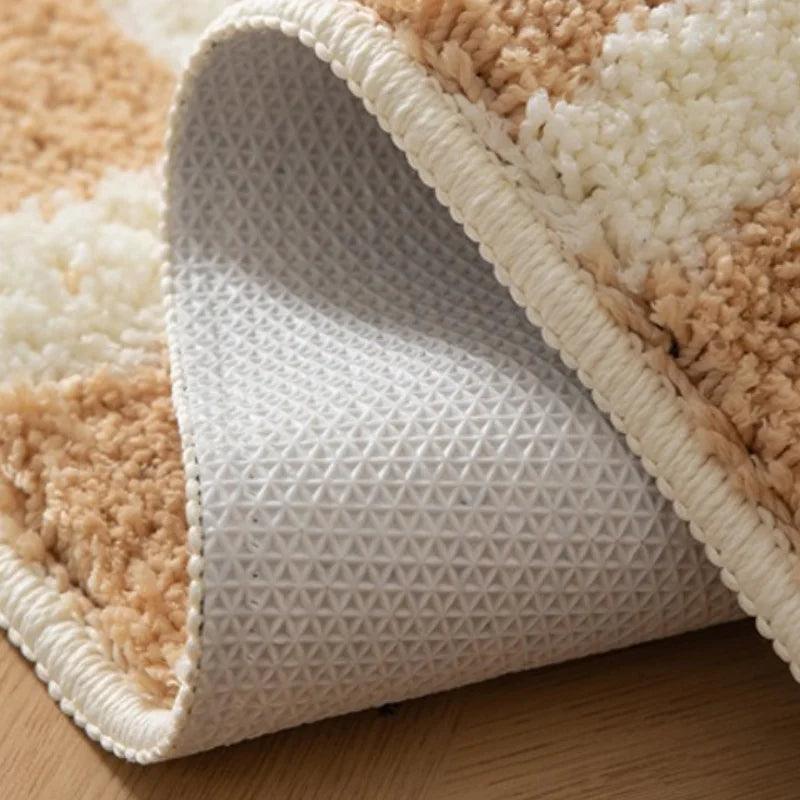 Beige Ciel Bleu Rayé Chambre Tapis Boucle │ Motif Damier Antidérapant Doux Tapis de Salle de Bain