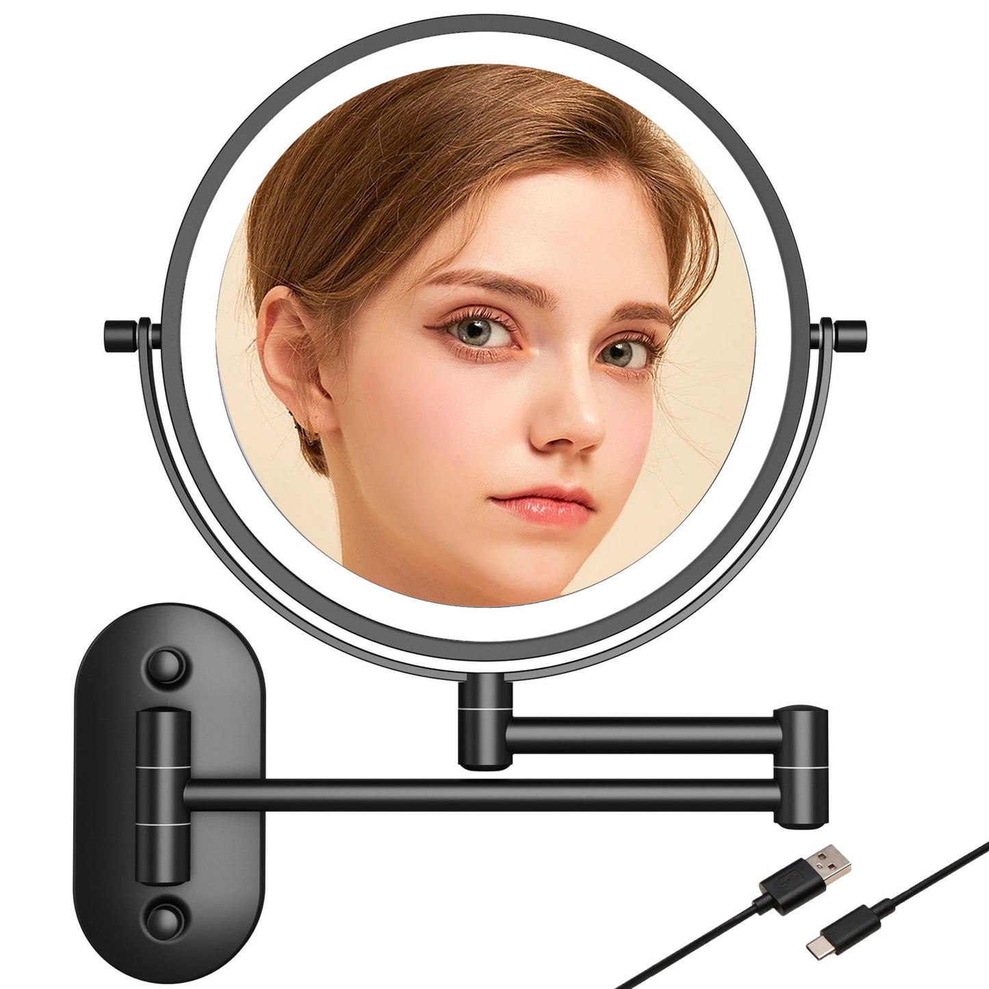 miroir de maquillage ED avec éclairage - double face, 3/5/7/10X zoom, éclairage LED dimmable, bras extensible