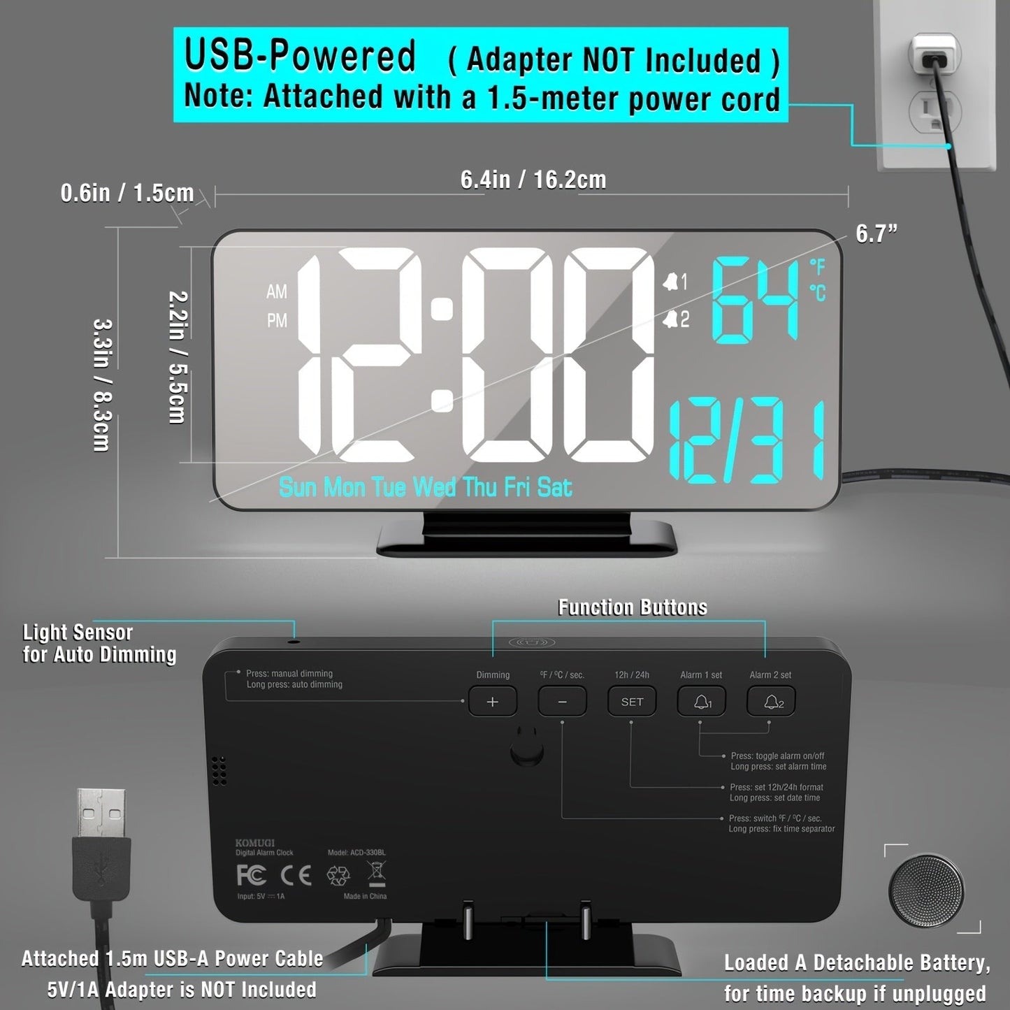 Digitime - Réveil LED Moderne avec Double Alarme