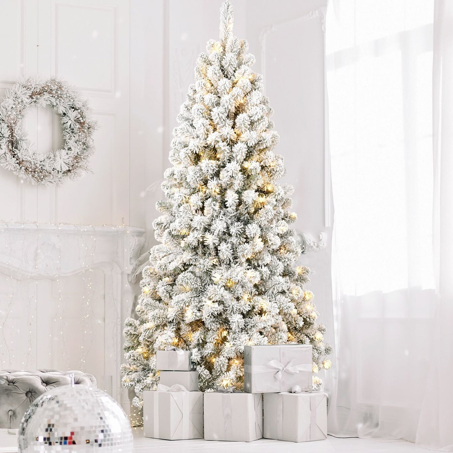 Arbre de Noël artificiel pré-éclairé neige-flocons de 5 pieds - Design ignifuge écologique, assemblage facile pour les fêtes 2024