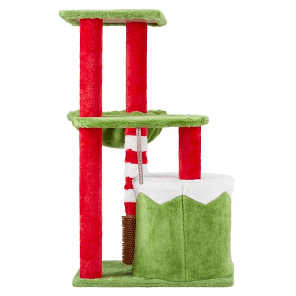 Arbre à chats en peluche festive de 32 pouces avec condo, hamac et brosse de massage - Centre d'activités sur le thème de Noël pour chats d'intérieur