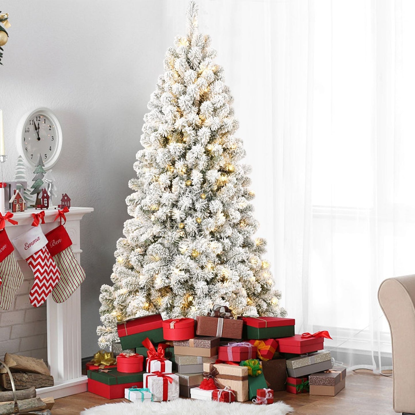 Arbre de Noël artificiel pré-éclairé neige-flocons de 5 pieds - Design ignifuge écologique, assemblage facile pour les fêtes 2024