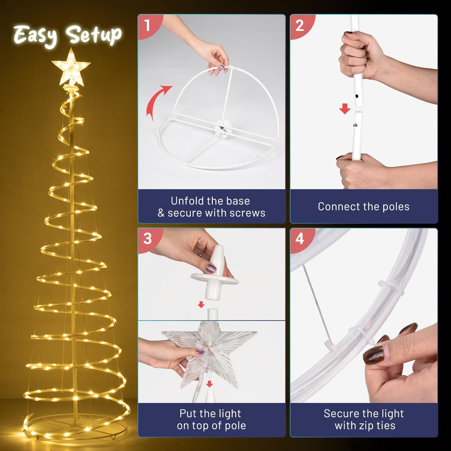 Lumière de Noël en spirale LED blanche chaude de 6 pieds – Décor de fête extérieur scintillant avec 8 modes, parfait pour une ambiance festive 2024
