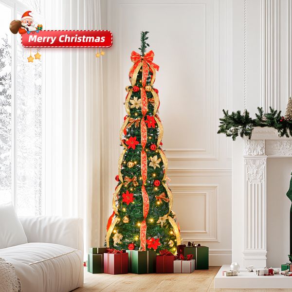 Arbre de Noël artificiel pré-éclairé de 6 pieds avec ornements rouges et dorés - Décor de vacances entièrement décoré pour la maison et le bureau 2024