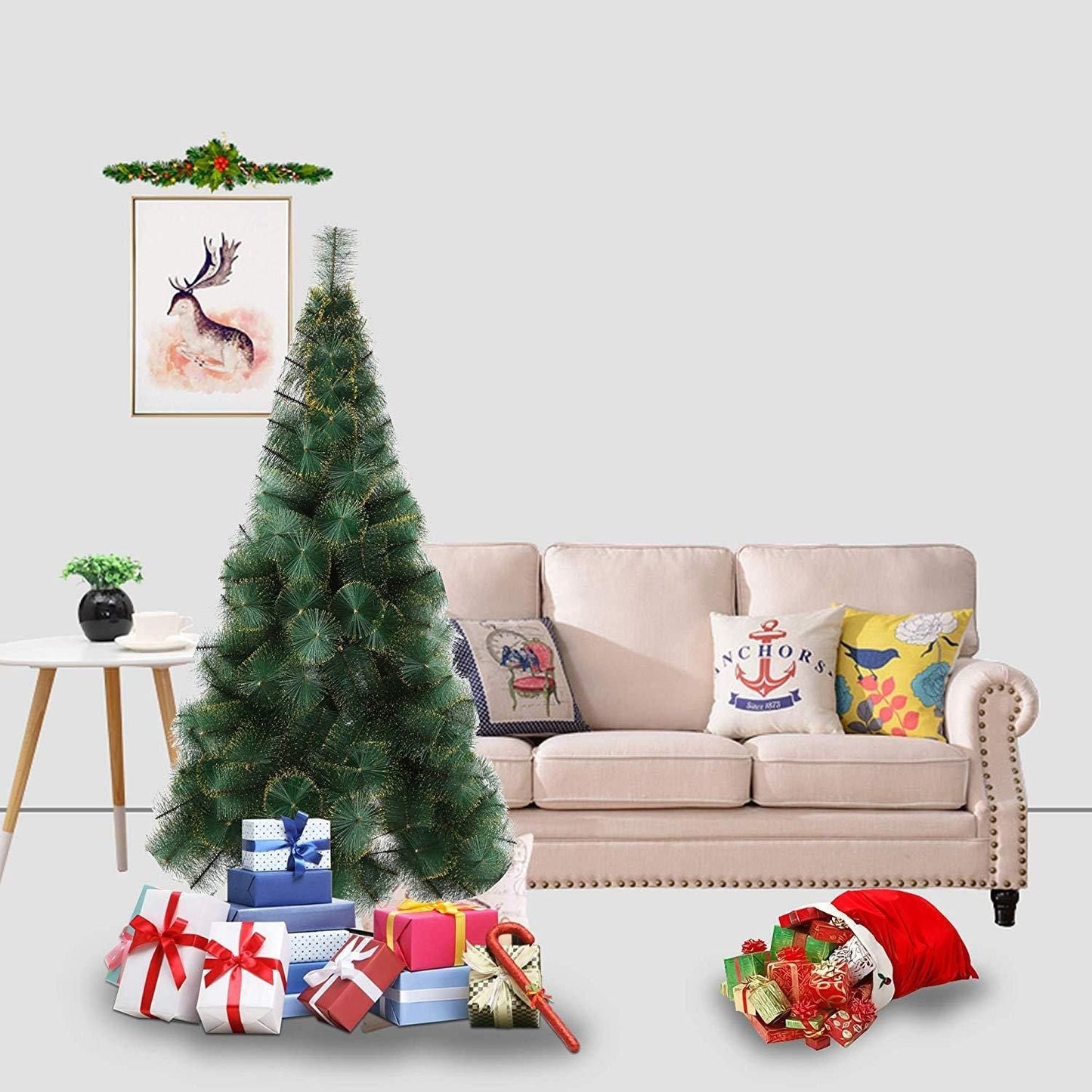 Arbre de Noël en Pin Classique de 6 pieds – Design Vert Réaliste avec Accents Dorés, Décoration de Vacances Idéale pour la Maison et le Bureau 2024