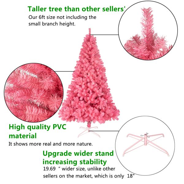 Arbre de Noël en pin rose non éclairé de 6 pieds - Décor de fête plein et luxuriant avec 1000 pointes de branches, parfait pour les célébrations à domicile et au bureau 2024