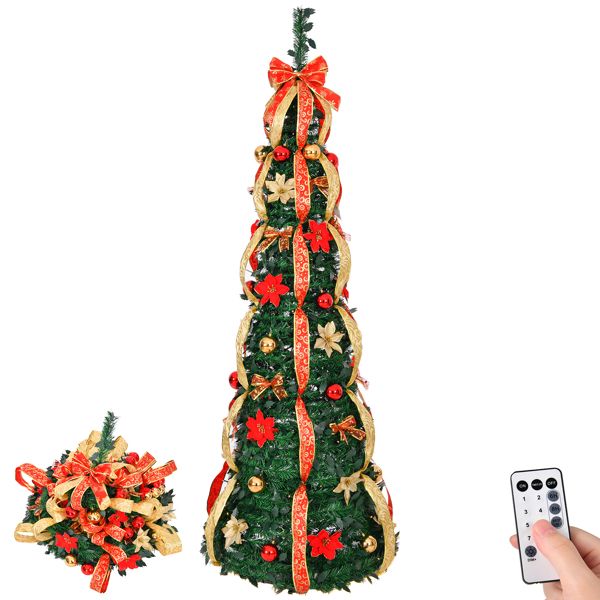 Arbre de Noël artificiel pré-éclairé de 6 pieds avec ornements rouges et dorés - Décor de vacances entièrement décoré pour la maison et le bureau 2024