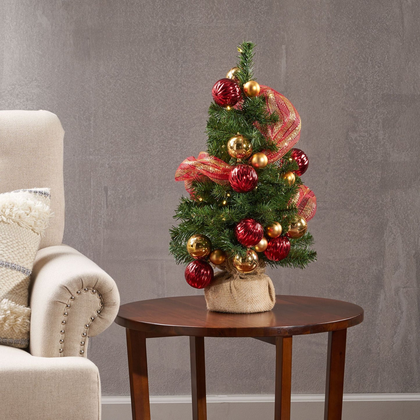 2' Arbre de Noël en jute rouge et or avec 50 lumières LED blanches chaudes - Décor de vacances à piles pour une ambiance festive 2024