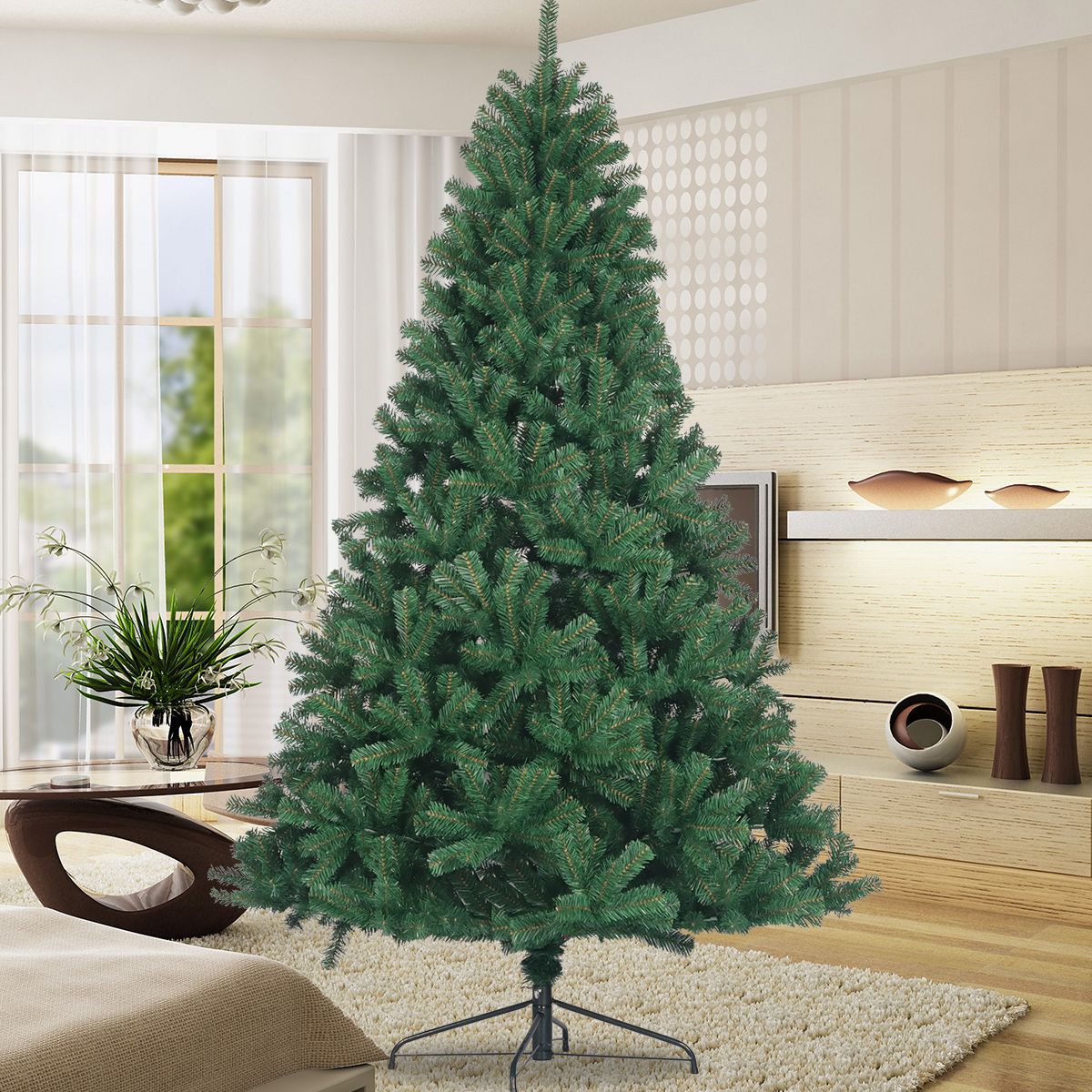 Arbre de Noël en PVC épicéa non éclairé de 6 pieds - Sapin vert complet avec support en métal pliable pour une décoration de vacances personnalisée