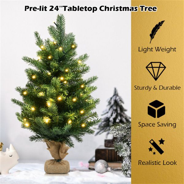 Arbre de Noël LED pré-éclairé de 24 pouces - Décor de table mini pour les fêtes avec fonction minuterie, parfait pour Noël à la maison et au bureau 2024