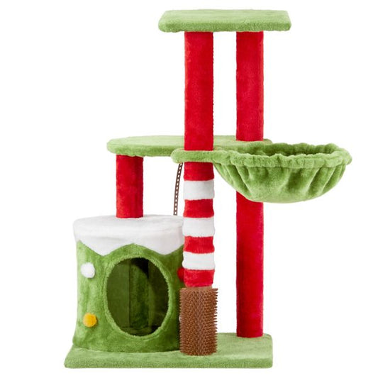 Arbre à chats en peluche festive de 32 pouces avec condo, hamac et brosse de massage - Centre d'activités sur le thème de Noël pour chats d'intérieur
