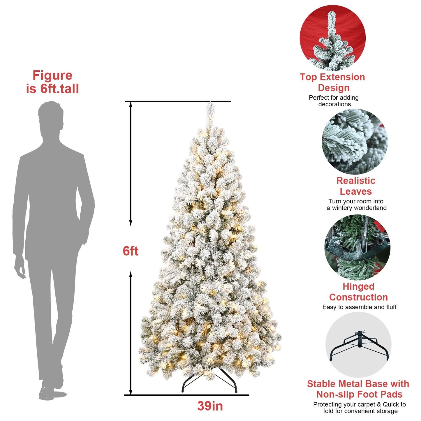 Arbre de Noël artificiel pré-éclairé neige-flocons de 5 pieds - Design ignifuge écologique, assemblage facile pour les fêtes 2024