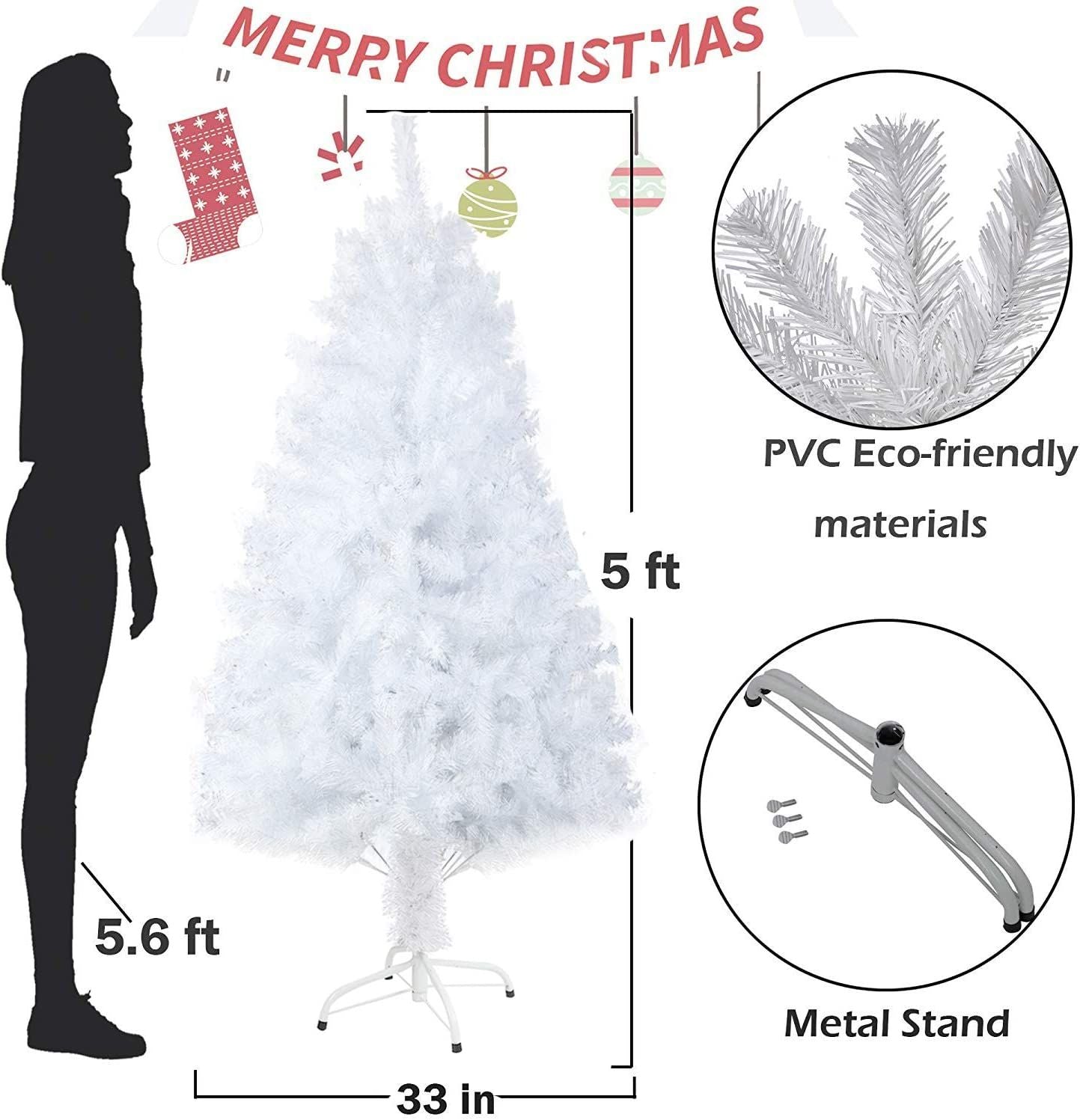 Arbre de Noël artificiel en épinette premium non éclairé de 5 pieds avec support en métal - Parfaite décoration de fête pour 2024