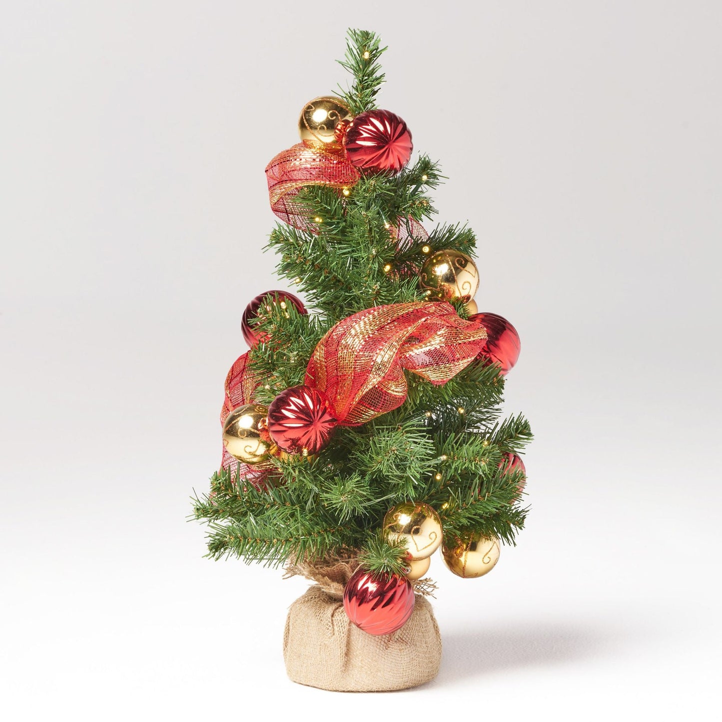 2' Arbre de Noël en jute rouge et or avec 50 lumières LED blanches chaudes - Décor de vacances à piles pour une ambiance festive 2024