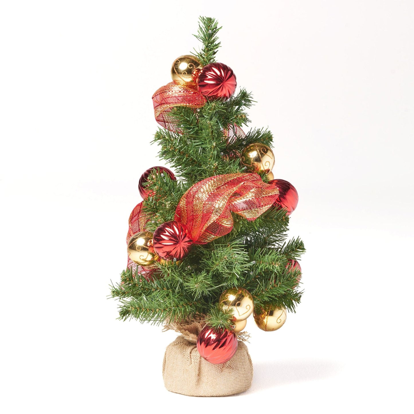 2' Arbre de Noël en jute rouge et or avec 50 lumières LED blanches chaudes - Décor de vacances à piles pour une ambiance festive 2024