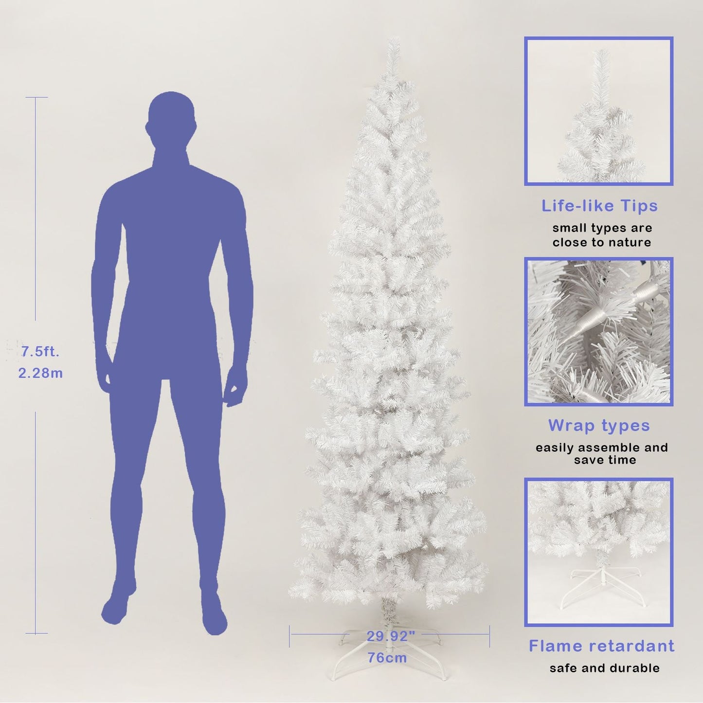Arbre de Noël artificiel mince blanc de 7,5 pieds avec support en métal pliable – Parfait pour les petits espaces et la décoration des fêtes 2024