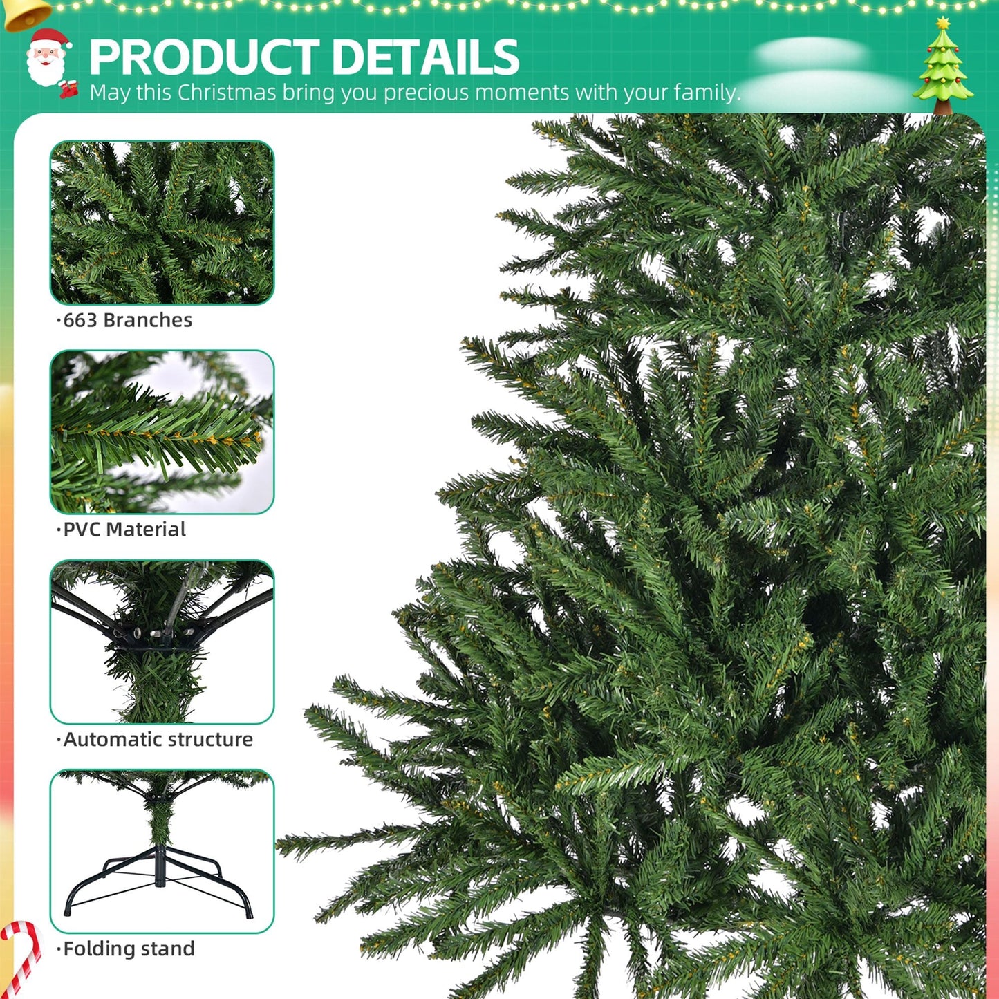 Arbre de Noël premium pliable de 4,5 pieds – Design complet en épicéa avec 663 pointes, décor de vacances facile à assembler pour un usage intérieur 2024
