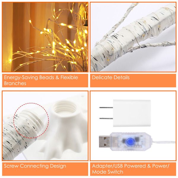 Arbre de bouleau lumineux Arbre en branches de bouleau blanc artificiel avec 8 modes d'éclairage blanc chaud pour décoration de maison de mariage, fête, Noël, festival.