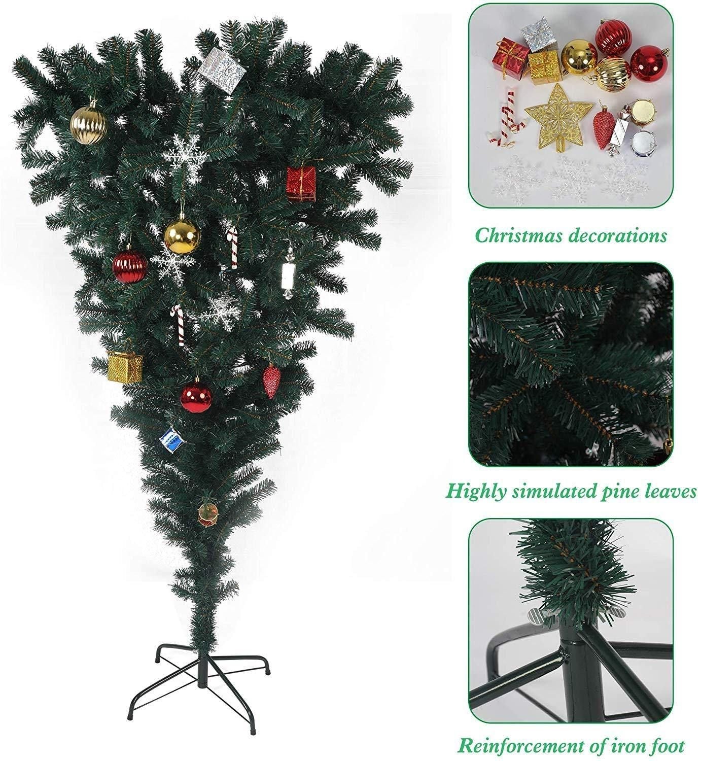 5,5 pieds arbre de Noël artificiel inversé avec support en métal robuste - Décoration de vacances unique pour la maison et le bureau 2024