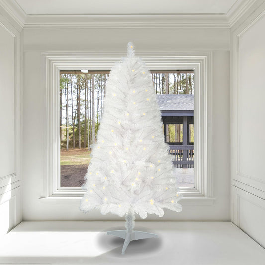 Arbre de Noël Norwood Spruce pré-éclairé blanc de 4 pieds - PVC réaliste avec 100 lumières LED chaudes, décoration idéale pour les fêtes à domicile 2024