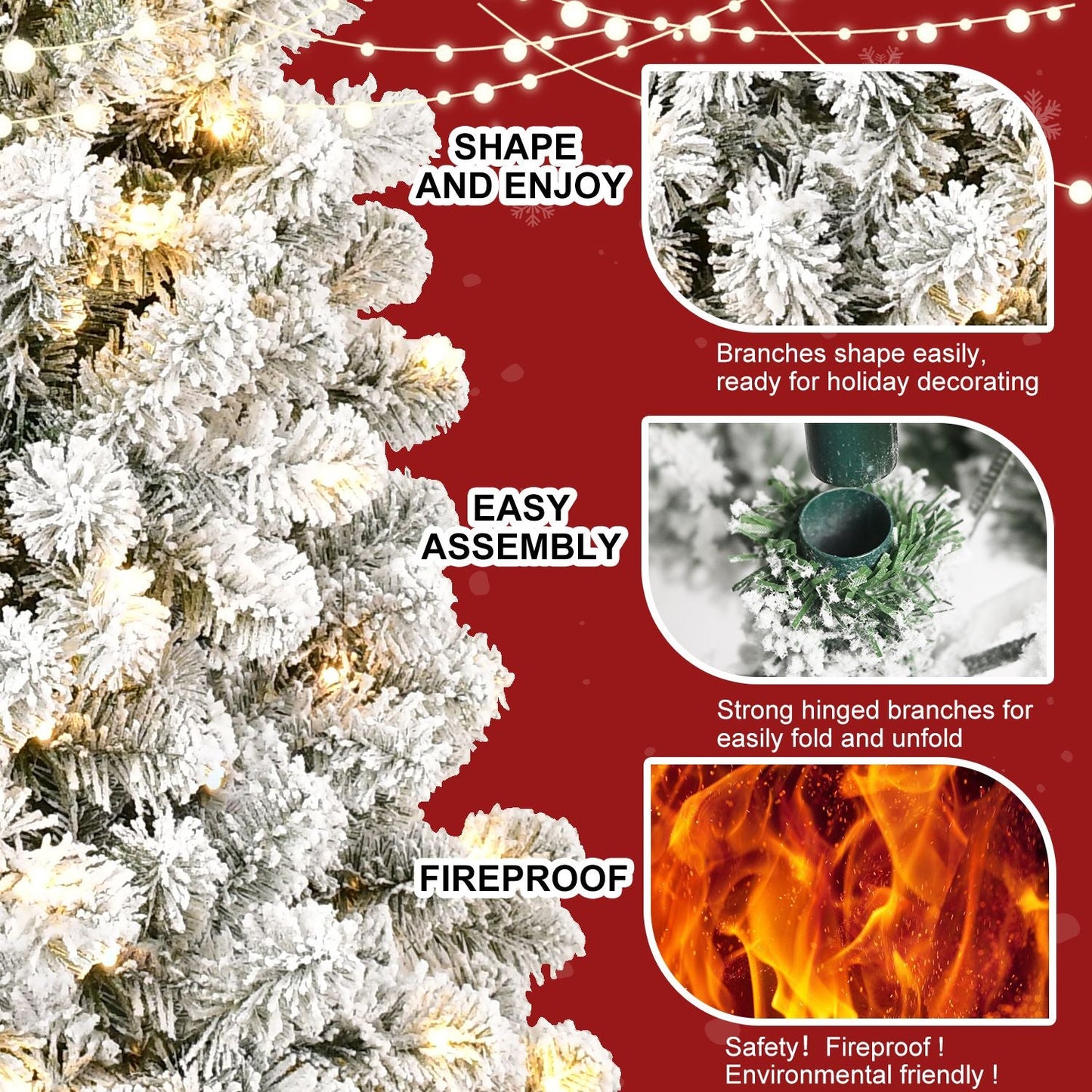 Arbre de Noël artificiel pré-éclairé neige-flocons de 5 pieds - Design ignifuge écologique, assemblage facile pour les fêtes 2024