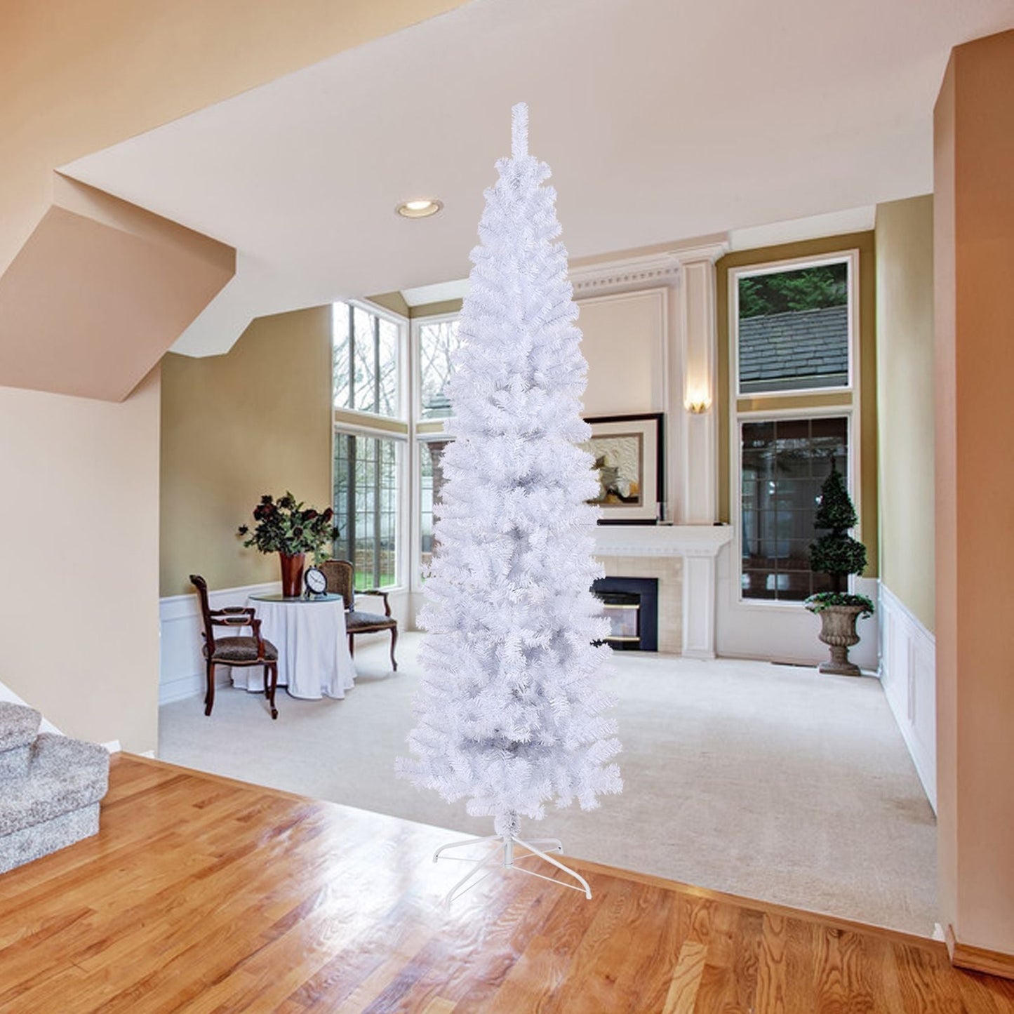 Arbre de Noël artificiel mince blanc de 7,5 pieds avec support en métal pliable – Parfait pour les petits espaces et la décoration des fêtes 2024