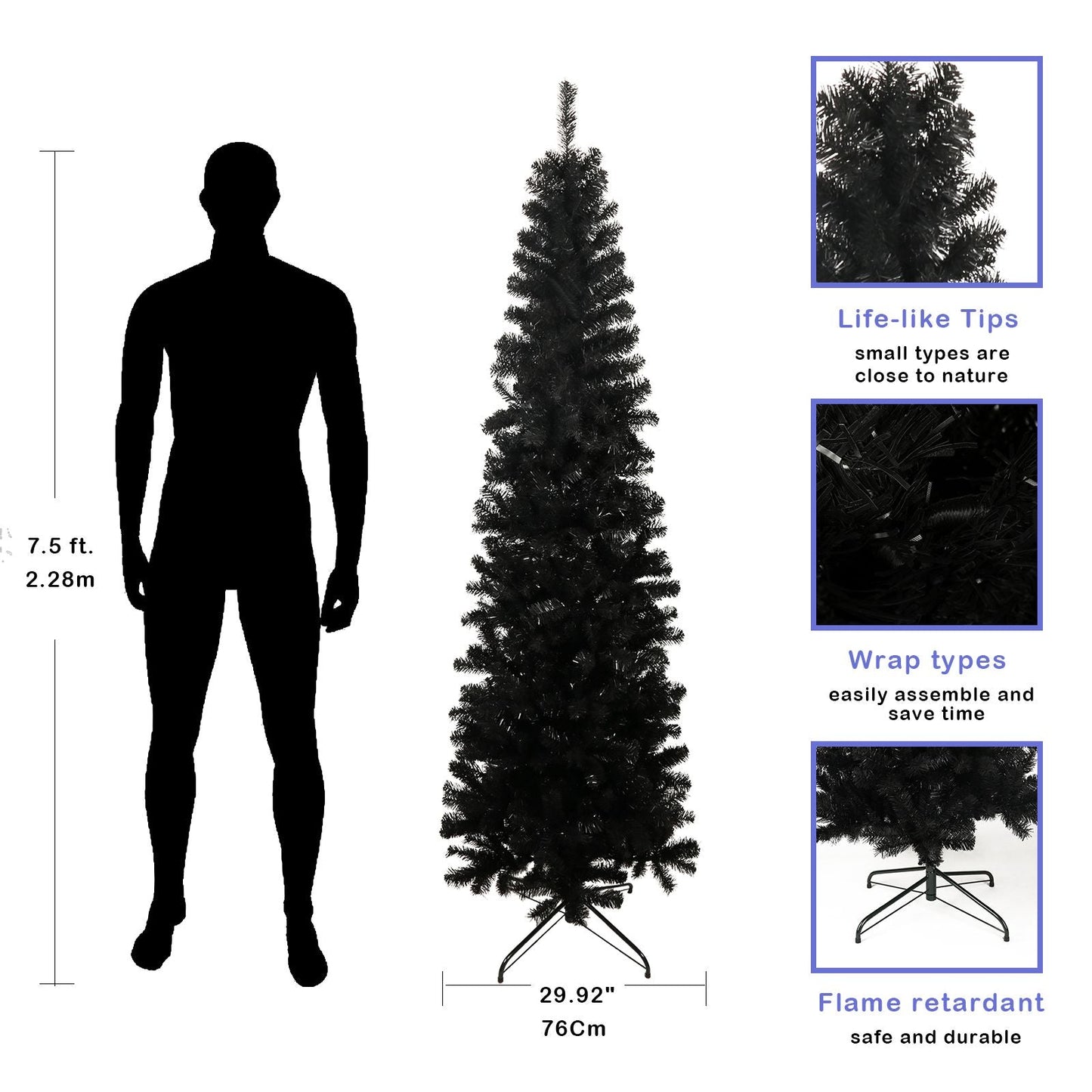 Arbre de Noël artificiel noir slim de 7,5 pieds avec support en métal pliable - Décor de vacances unique pour les petits espaces 2024