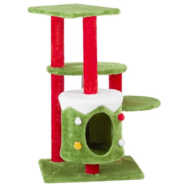Arbre à chat de Noël festif de 32 po avec condo - Centre d'activité en peluche à 3 niveaux pour chats d'intérieur 2024