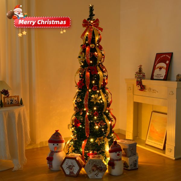 Arbre de Noël artificiel pré-éclairé de 6 pieds avec ornements rouges et dorés - Décor de vacances entièrement décoré pour la maison et le bureau 2024
