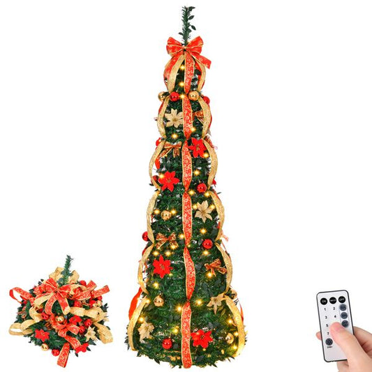 Arbre de Noël artificiel pré-éclairé de 6 pieds avec ornements rouges et dorés - Décor de vacances entièrement décoré pour la maison et le bureau 2024