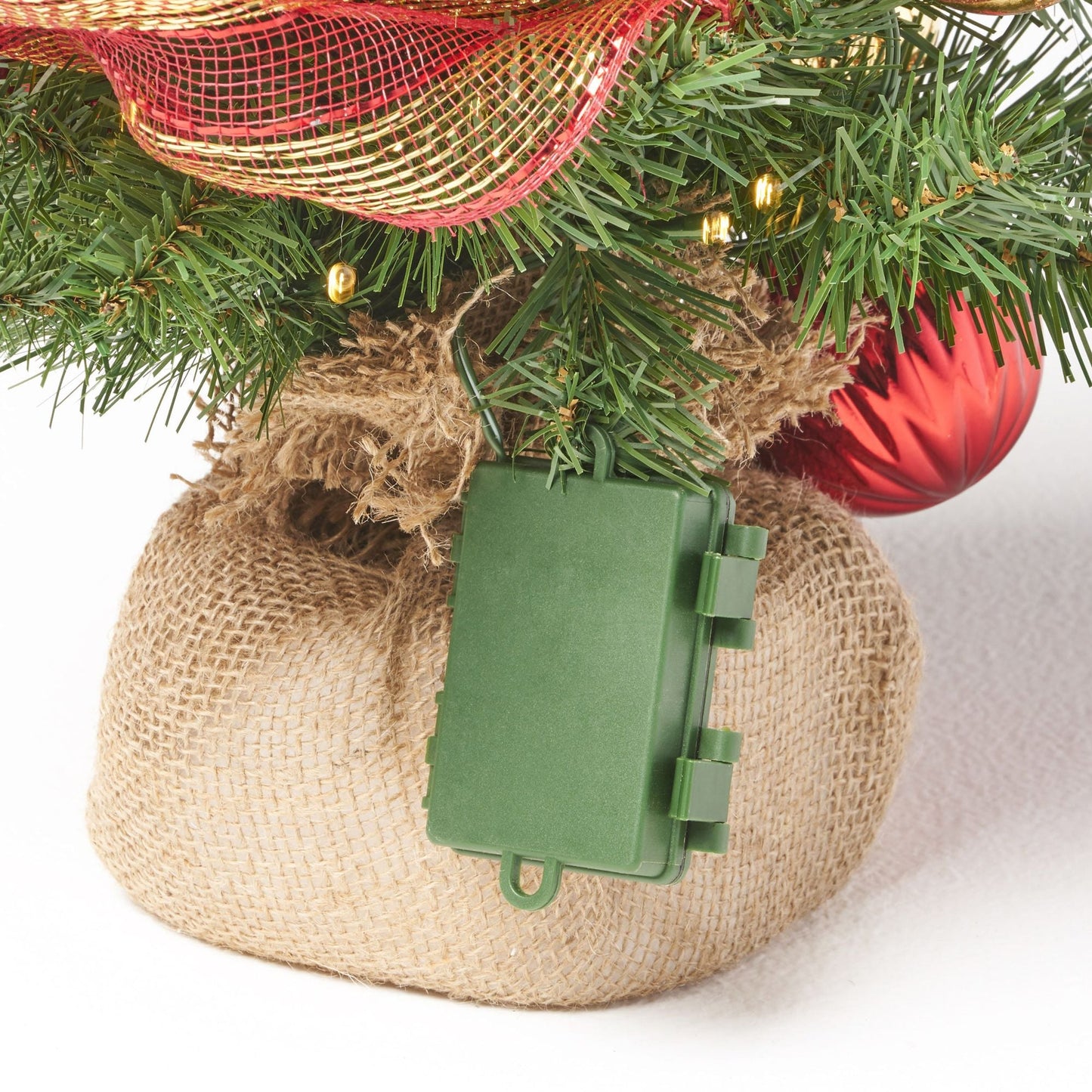 2' Arbre de Noël en jute rouge et or avec 50 lumières LED blanches chaudes - Décor de vacances à piles pour une ambiance festive 2024