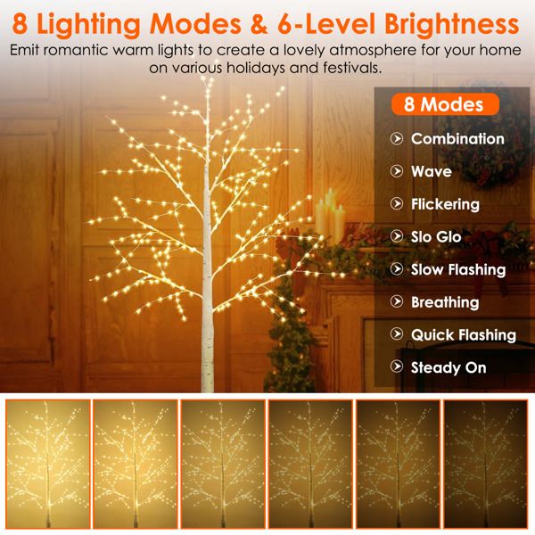 Arbre de bouleau lumineux Arbre en branches de bouleau blanc artificiel avec 8 modes d'éclairage blanc chaud pour décoration de maison de mariage, fête, Noël, festival.