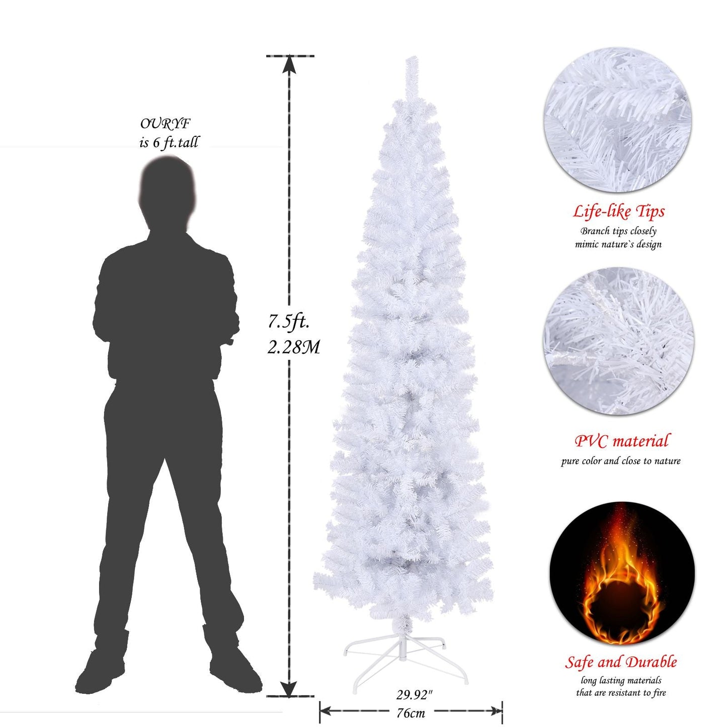 Arbre de Noël artificiel mince blanc de 7,5 pieds avec support en métal pliable – Parfait pour les petits espaces et la décoration des fêtes 2024