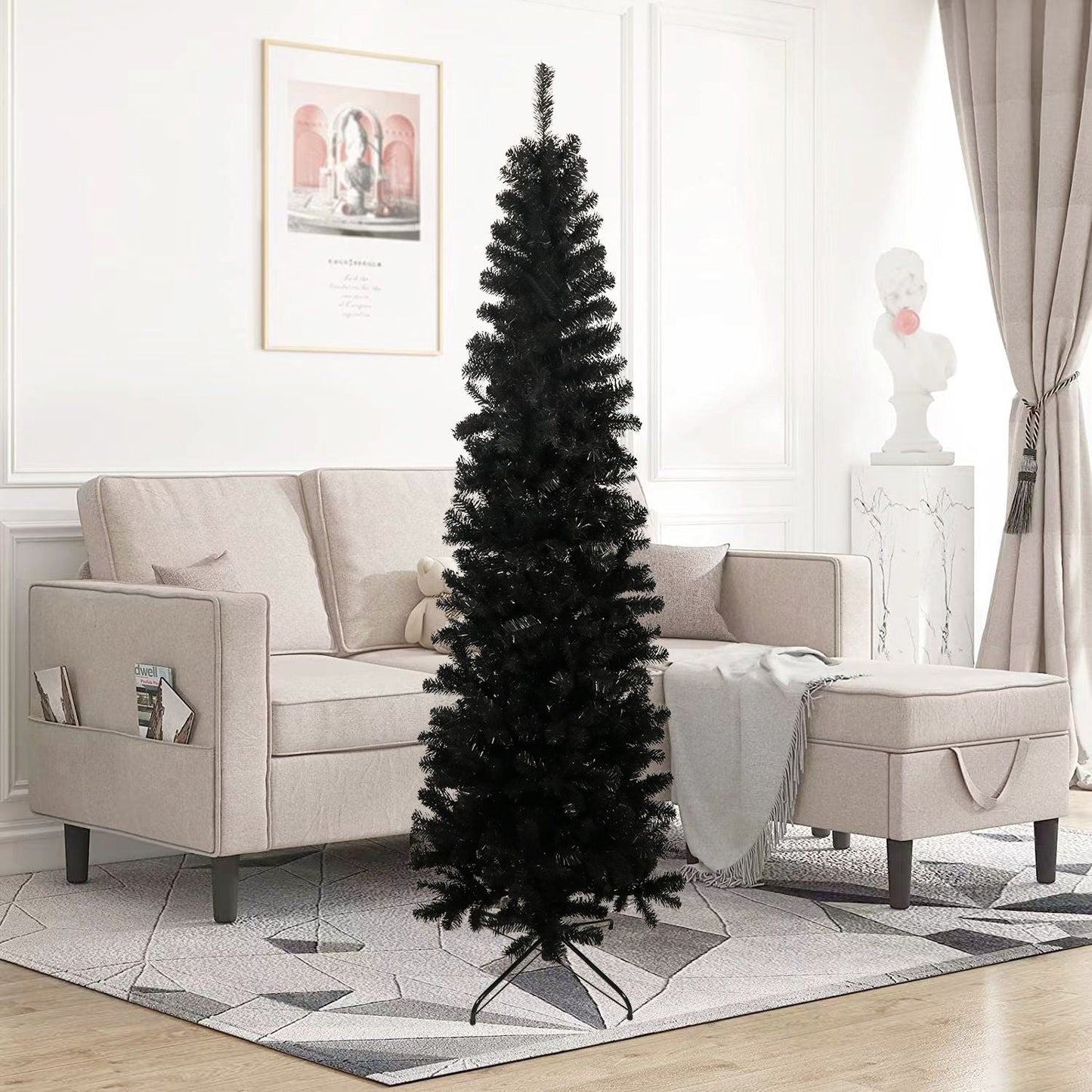 Arbre de Noël artificiel noir slim de 7,5 pieds avec support en métal pliable - Décor de vacances unique pour les petits espaces 2024