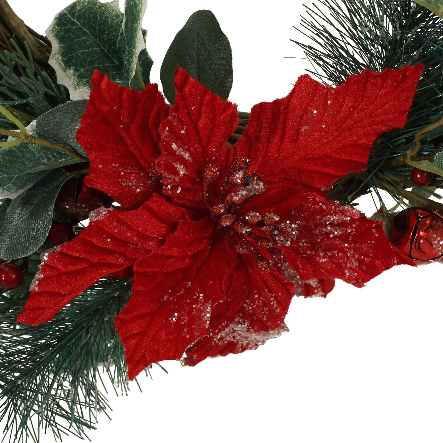 Couronne de Noël Poinsettia & Eucalyptus de 23,5 pouces – Baies rouges vives, parfaite pour la porte d'entrée, décoration de Noël 2024