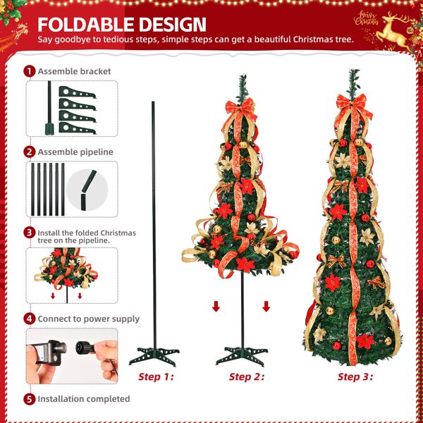 Arbre de Noël artificiel pré-éclairé de 6 pieds avec ornements rouges et dorés - Décor de vacances entièrement décoré pour la maison et le bureau 2024