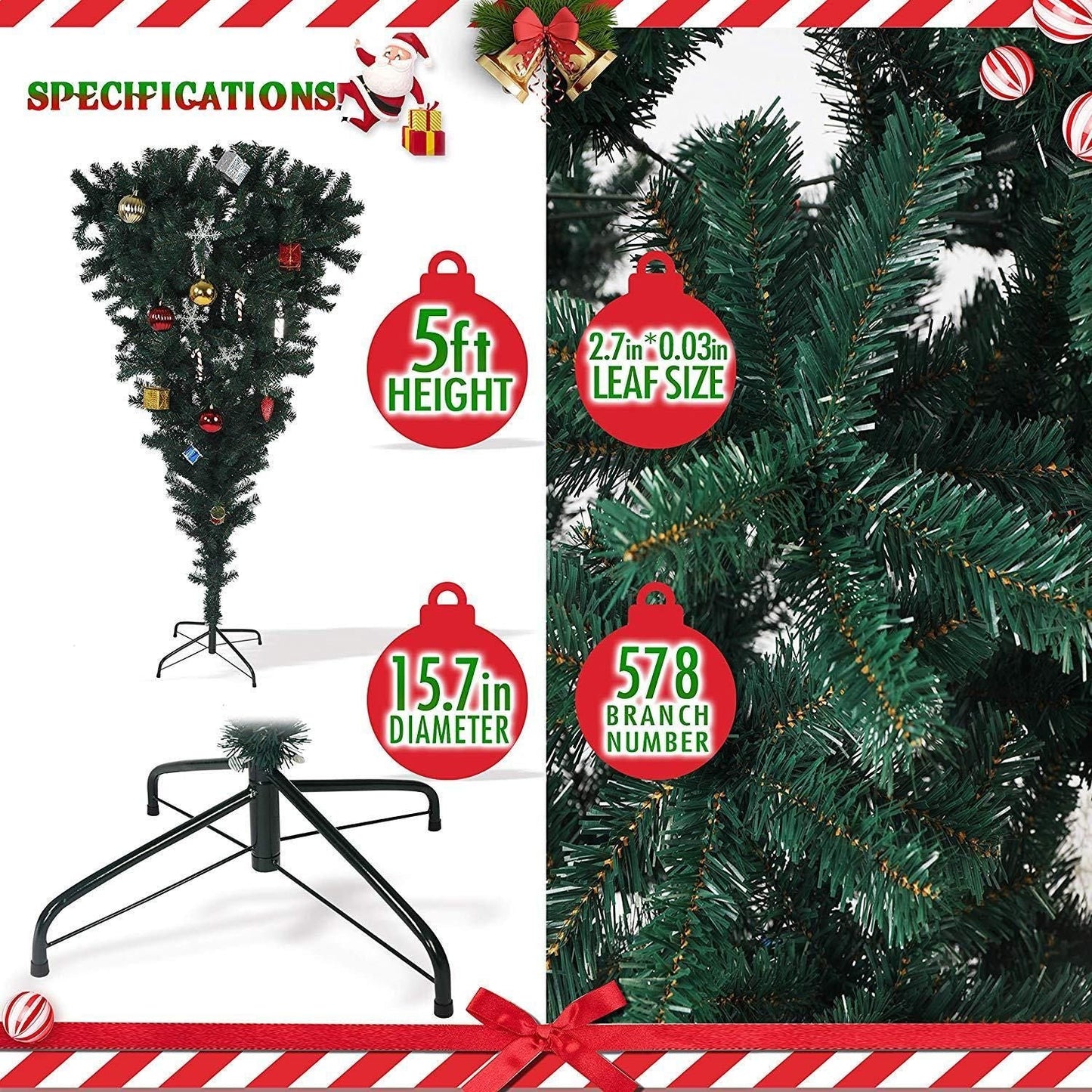 5,5 pieds arbre de Noël artificiel inversé avec support en métal robuste - Décoration de vacances unique pour la maison et le bureau 2024