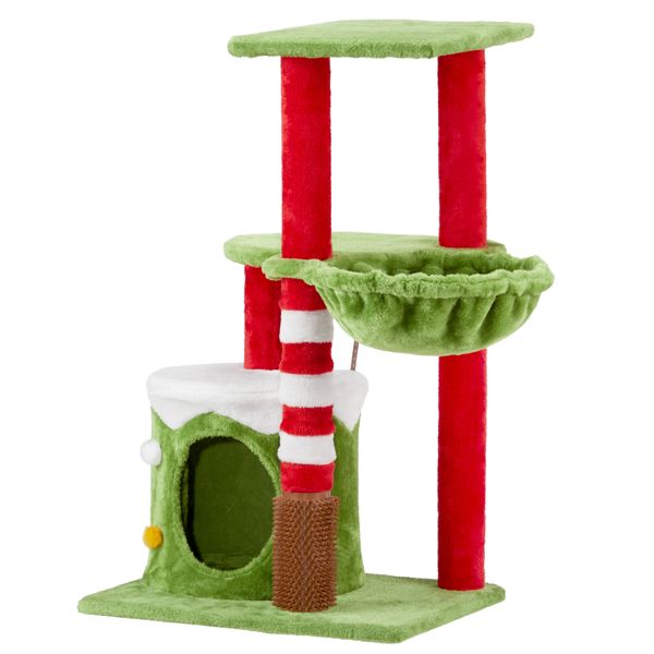 Arbre à chats en peluche festive de 32 pouces avec condo, hamac et brosse de massage - Centre d'activités sur le thème de Noël pour chats d'intérieur