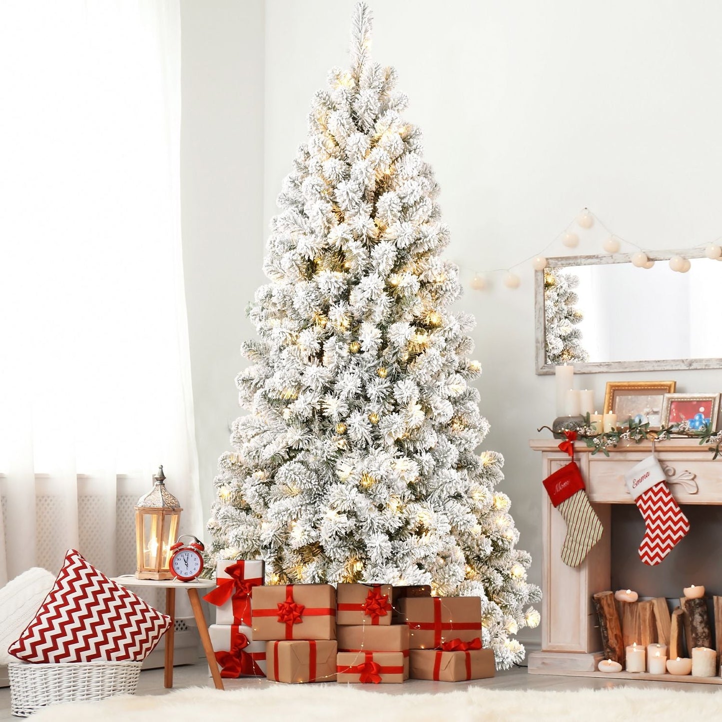 Arbre de Noël artificiel pré-éclairé neige-flocons de 5 pieds - Design ignifuge écologique, assemblage facile pour les fêtes 2024