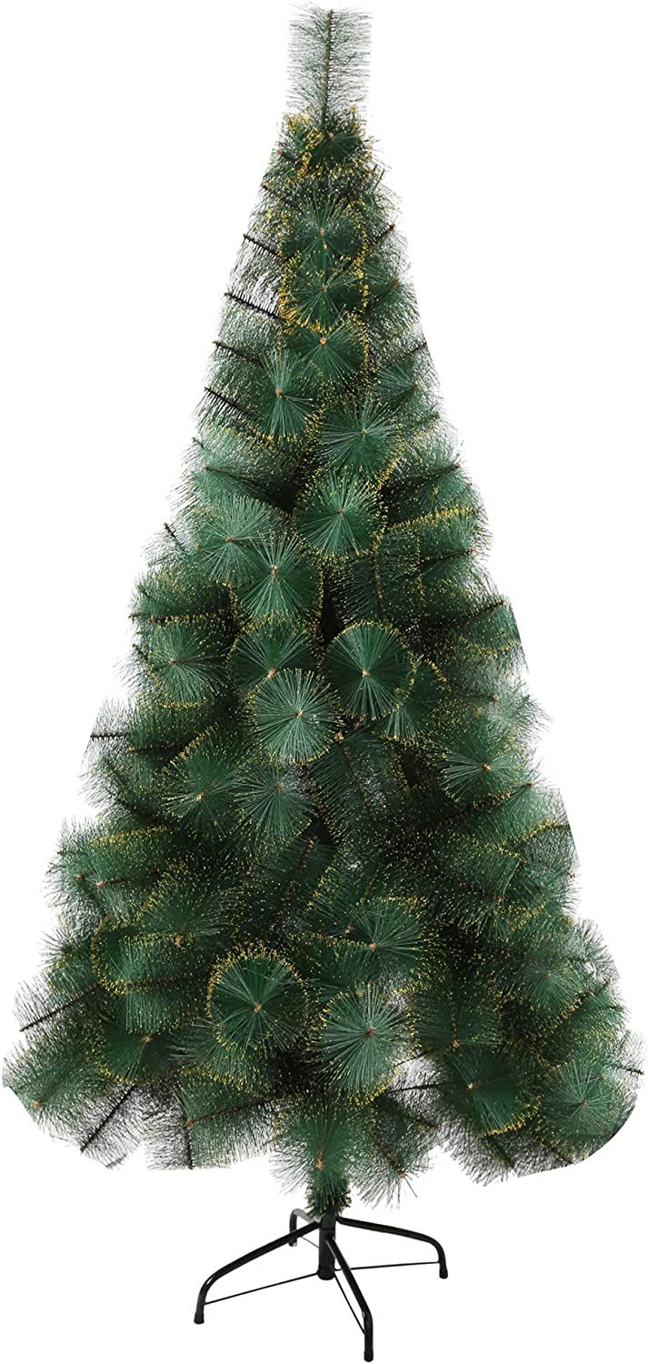 Arbre de Noël en Pin Classique de 6 pieds – Design Vert Réaliste avec Accents Dorés, Décoration de Vacances Idéale pour la Maison et le Bureau 2024