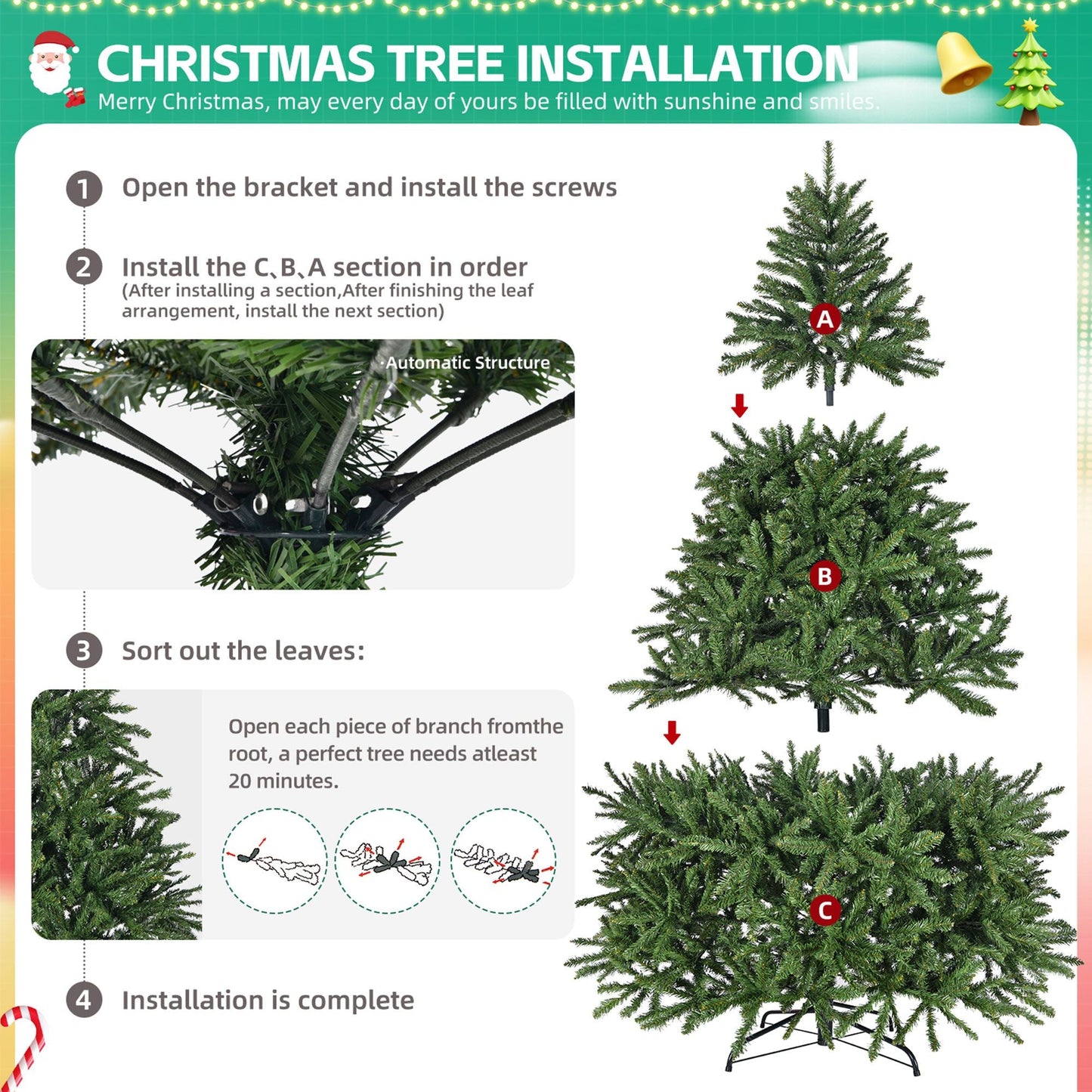 Arbre de Noël premium pliable de 4,5 pieds – Design complet en épicéa avec 663 pointes, décor de vacances facile à assembler pour un usage intérieur 2024